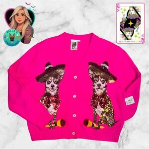 Queen of Sparkles Pink Chihuahua Sequin Cardigan Sweater‎ Sombrero Maraca Small